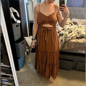 Lulus rust colored satin cut out dress with pockets